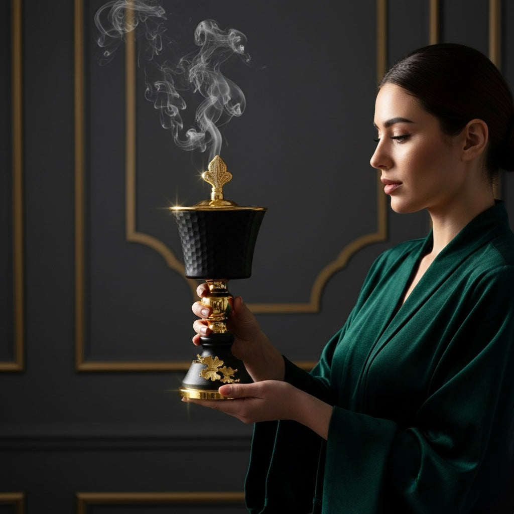 Set décoratif Noire et Or avec encensoir pour charbon - Ensemble encensoir Décoratif de Luxe - Style Oriental Chic