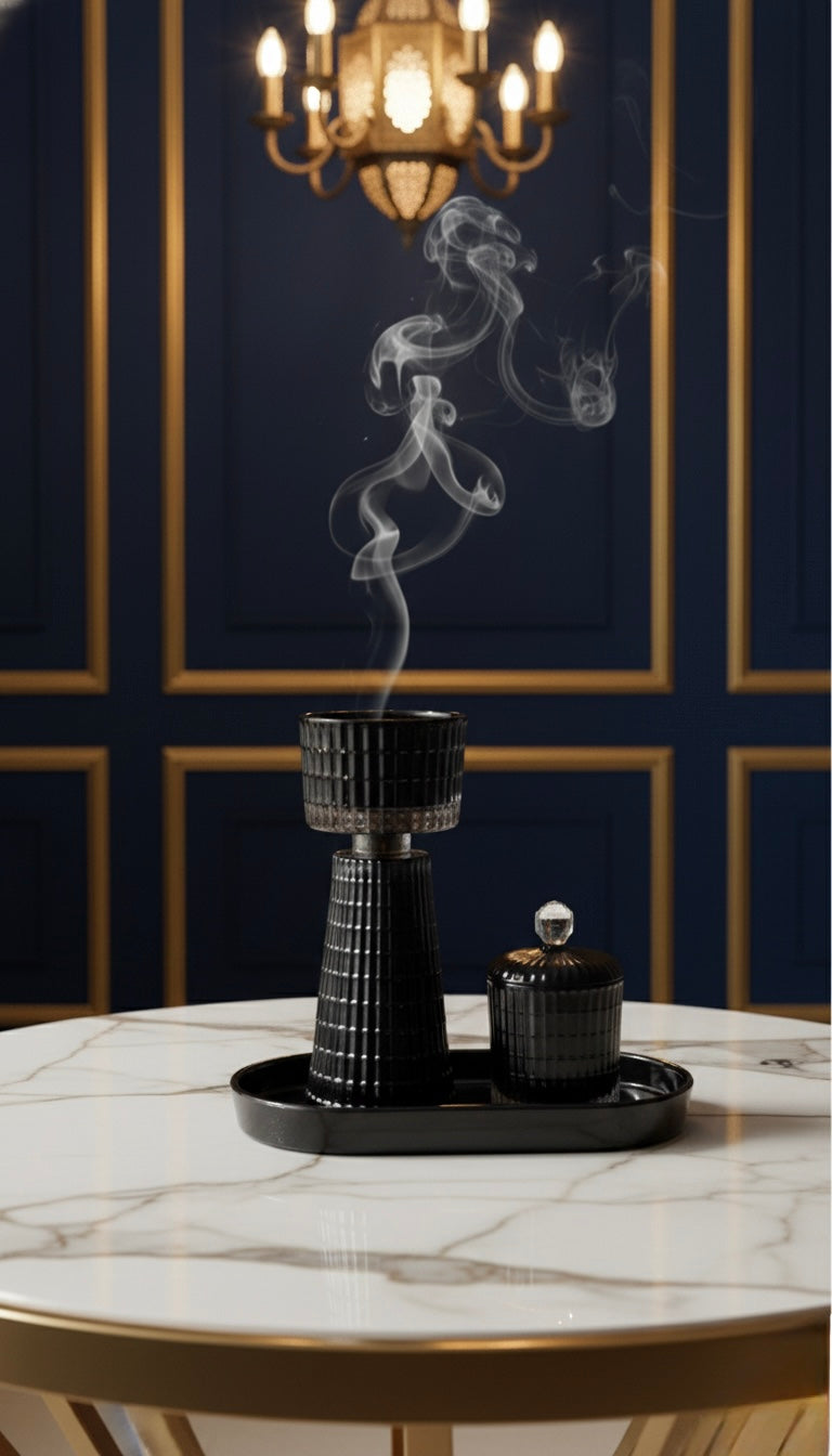 Set de Brûleur d'Encens Luxe en Verre - Mabkhara et Pot à Oud - Style Glamour 3 Couleurs : Noir, Champagne & Gris