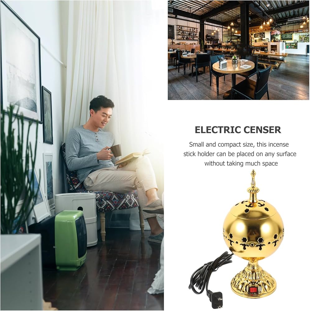 Encensoir électrique - Brûleur à huile électrique - Brûleur d’encens de collection - décoration aromathérapie - Encensoir électrique doré - Brûleur d’encens et diffuseur d’arômes sans flamme