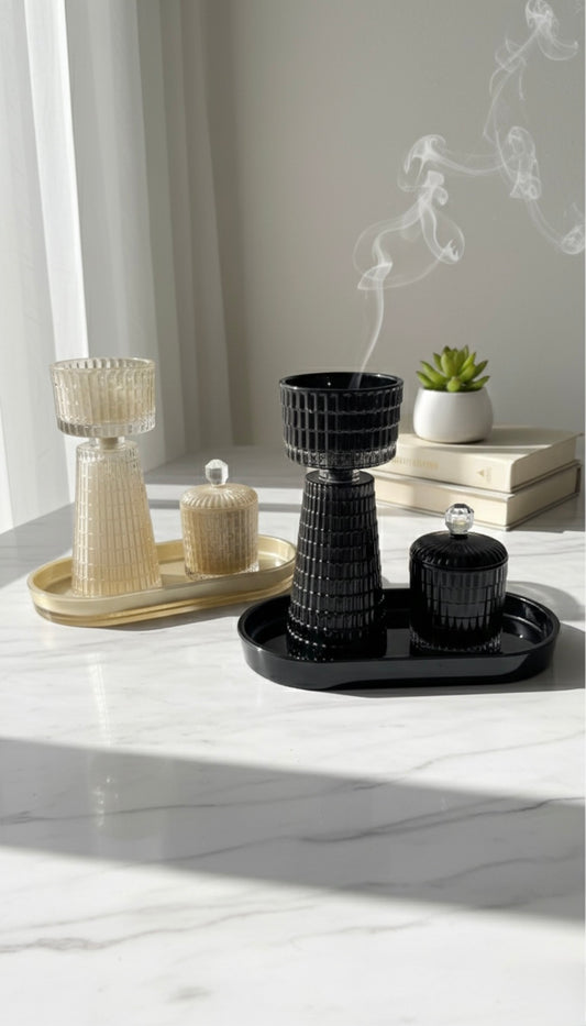 Set de Brûleur d'Encens Luxe en Verre - Mabkhara et Pot à Oud - Style Glamour 3 Couleurs : Noir, Champagne & Gris
