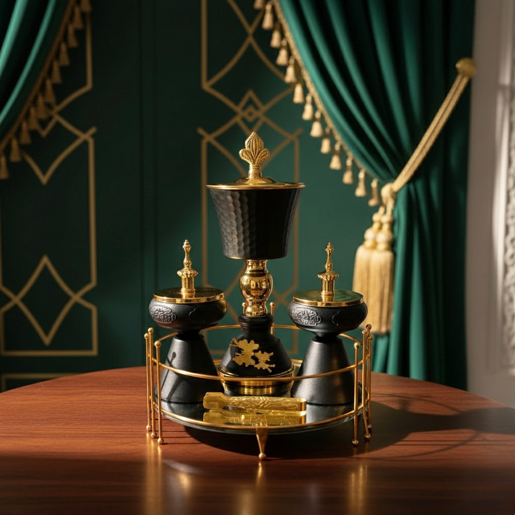Set décoratif Noire et Or avec encensoir pour charbon - Ensemble encensoir Décoratif de Luxe Nuits d'Ivoire - Style Oriental Chic