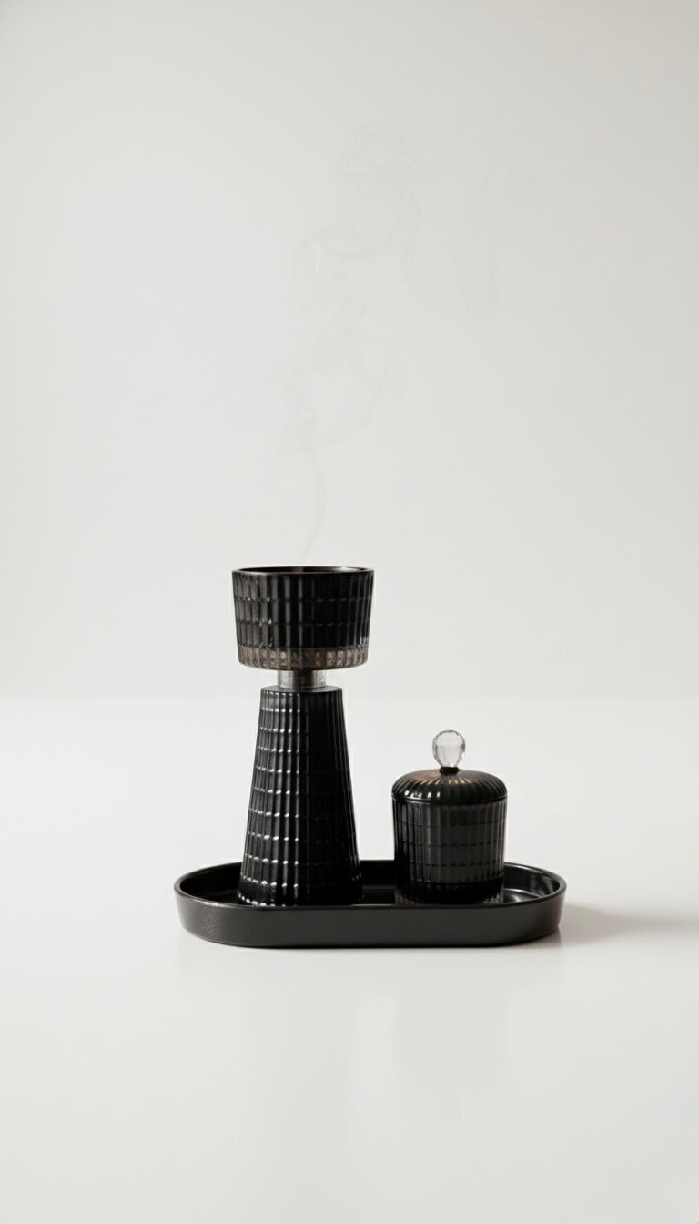 Set de Brûleur d'Encens Luxe en Verre - Mabkhara et Pot à Oud - Style Glamour 3 Couleurs : Noir, Champagne & Gris