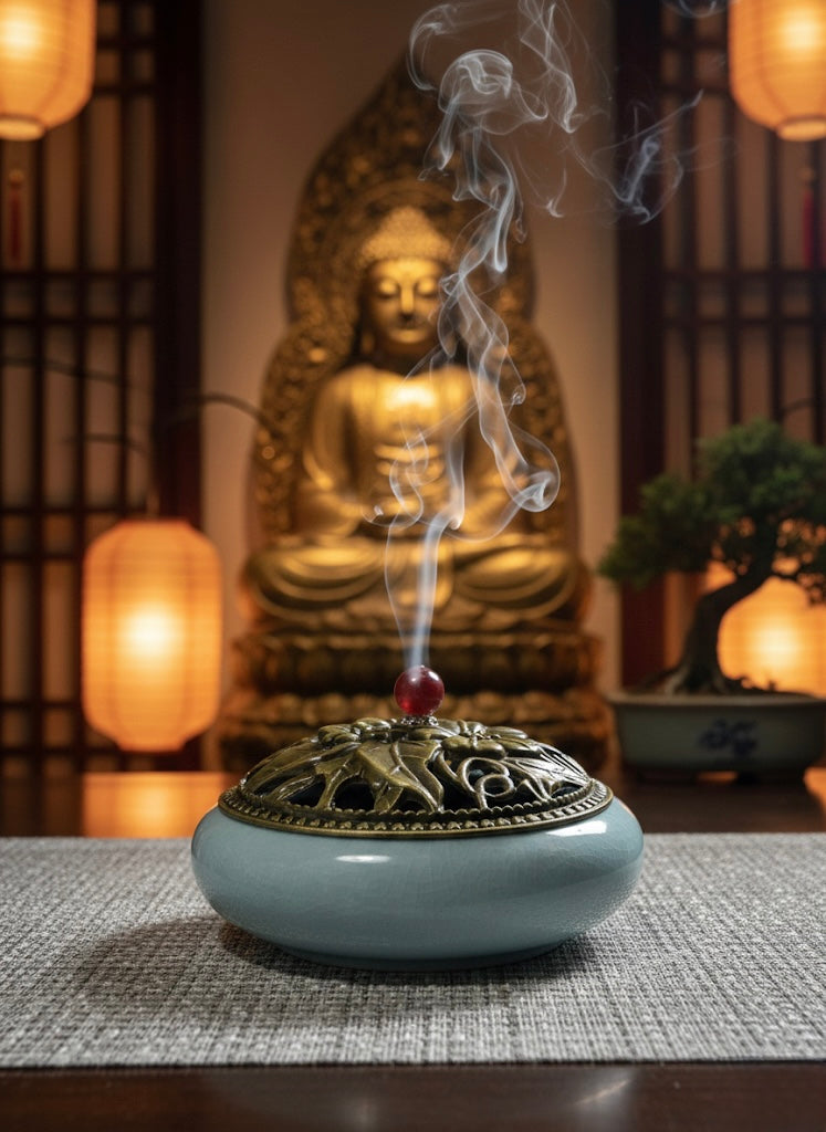 Brûleur d'Encens en Céramique | Encensoir en Céramique Émaillée Style Laiton| Diffuseur d'Encens Antique