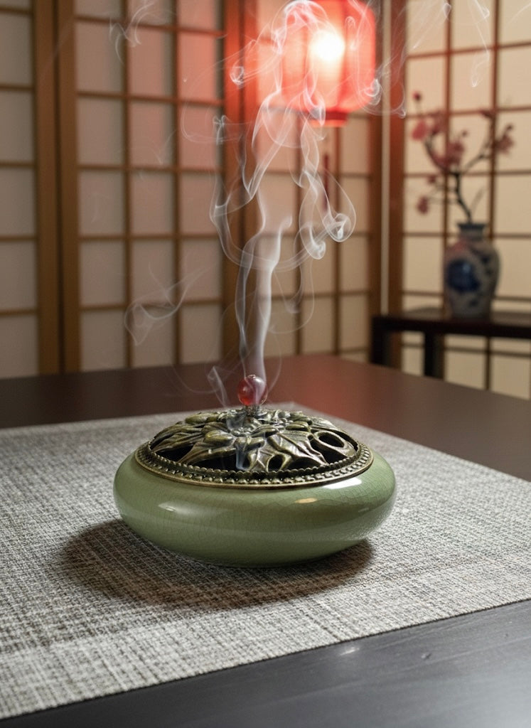 Brûleur d'Encens en Céramique | Encensoir en Céramique Émaillée Style Laiton| Diffuseur d'Encens Antique