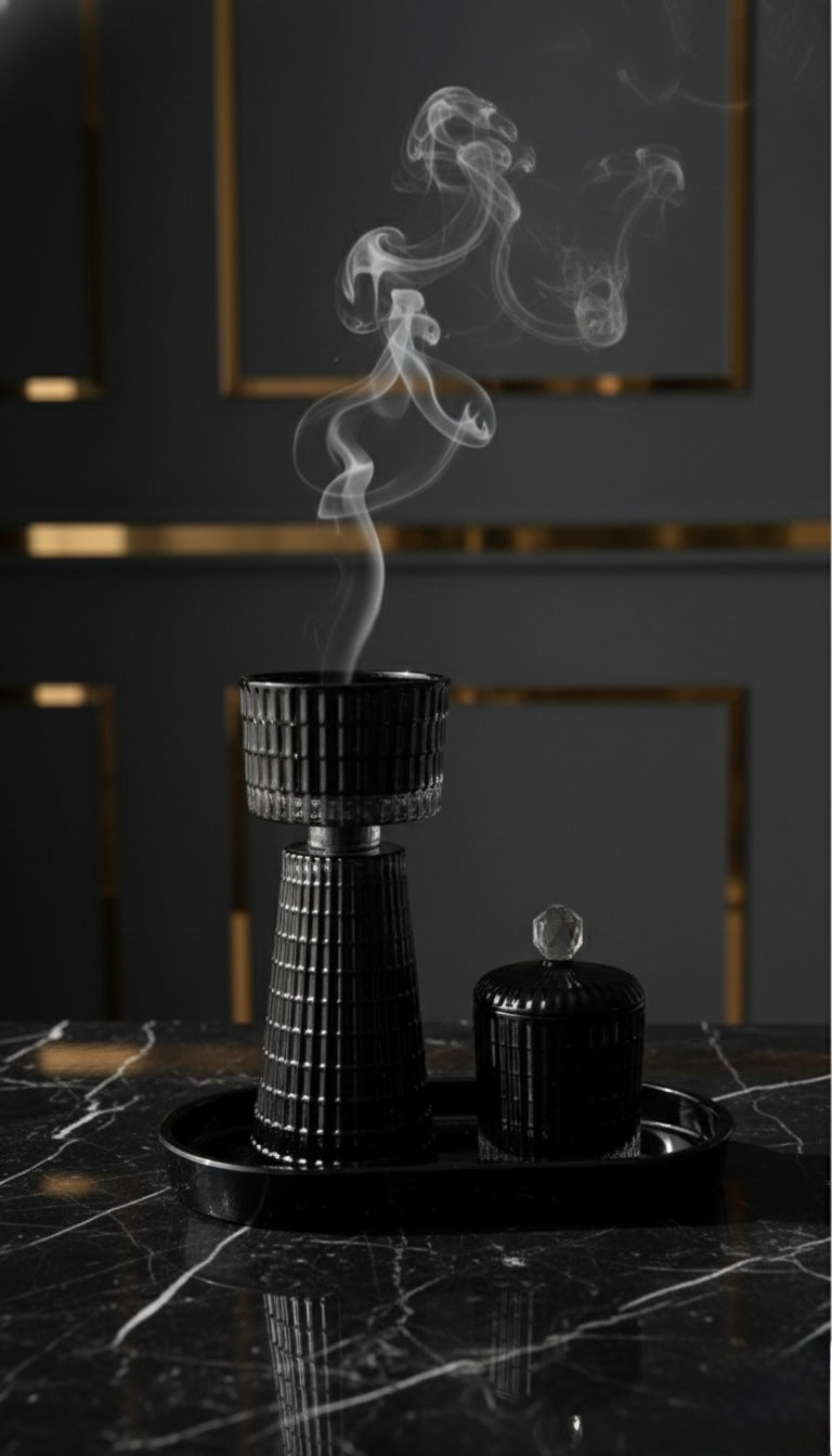 Set de Brûleur d'Encens Luxe en Verre - Mabkhara et Pot à Oud - Style Glamour 3 Couleurs : Noir, Champagne & Gris