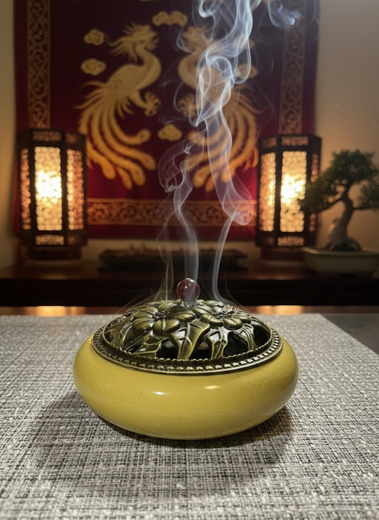 Brûleur d'Encens en Céramique | Encensoir en Céramique Émaillée Style Laiton| Diffuseur d'Encens Antique