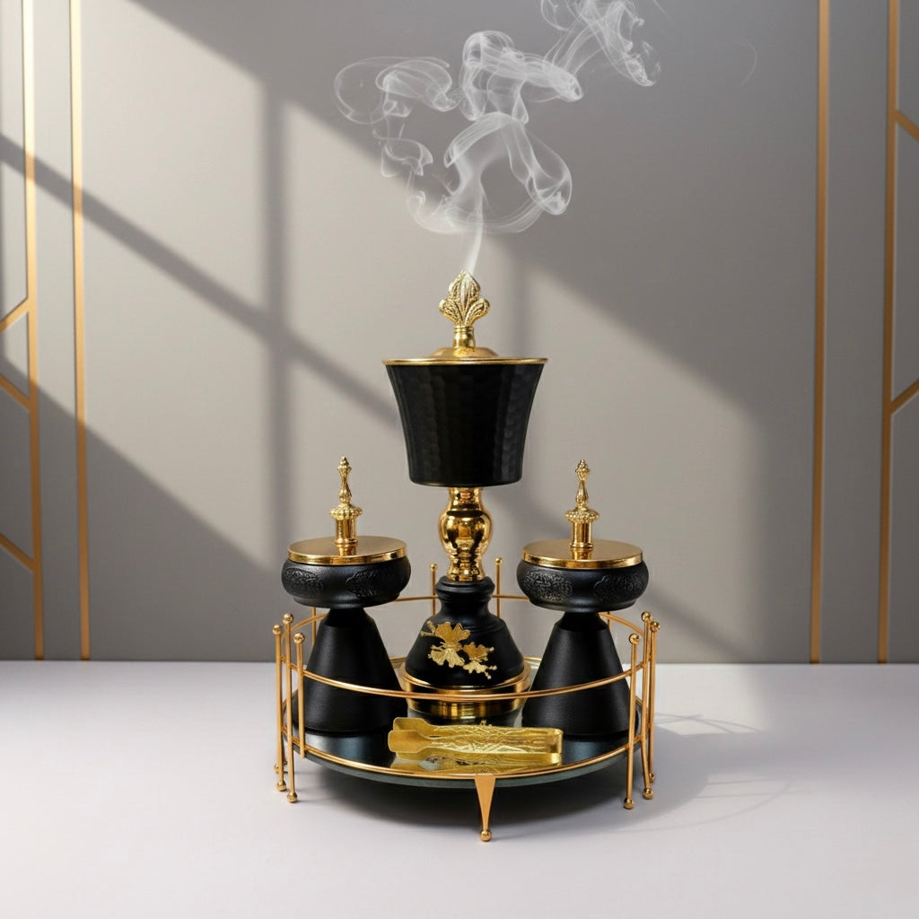 Set décoratif Noire et Or avec encensoir pour charbon - Ensemble encensoir Décoratif de Luxe Nuits d'Ivoire - Style Oriental Chic