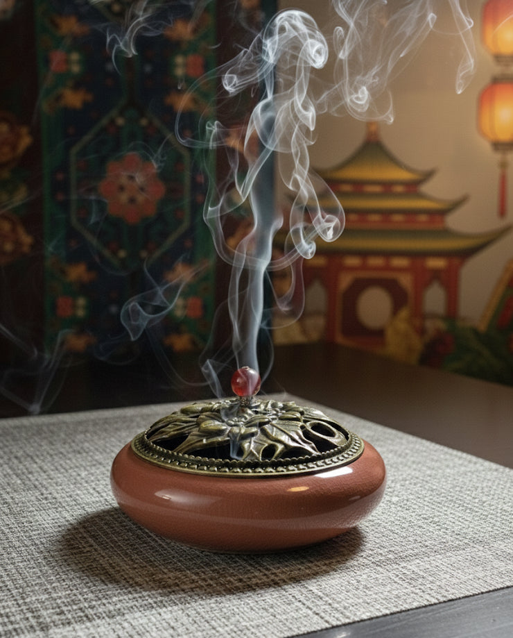 Brûleur d'Encens en Céramique | Encensoir en Céramique Émaillée Style Laiton| Diffuseur d'Encens Antique