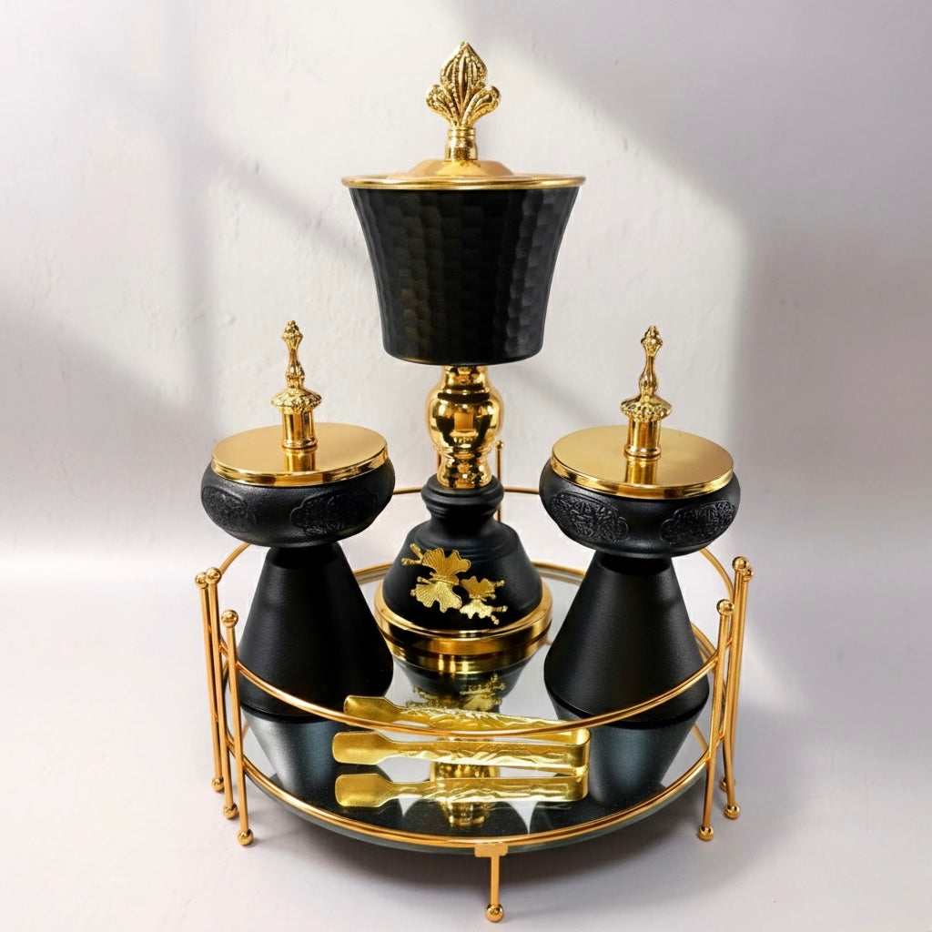 Set décoratif Noire et Or avec encensoir pour charbon - Ensemble encensoir Décoratif de Luxe Nuits d'Ivoire - Style Oriental Chic
